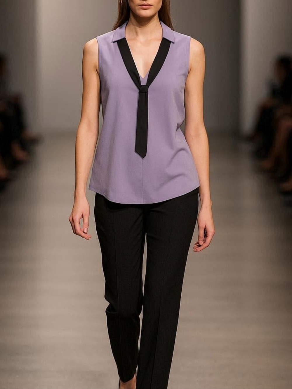 Sleeveless Lavender V-Neck Top with Black Tie Detail
